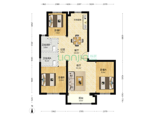 中绿东岳府 3室2厅2卫 124平方