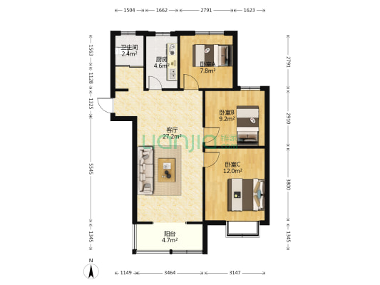 翰林苑 3室1厅1卫 96平方