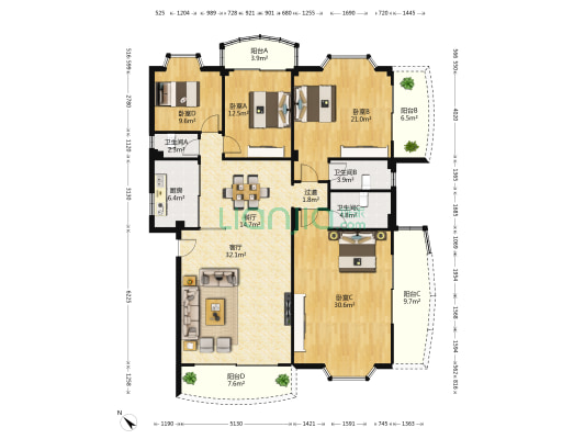 紫来花园 4室2厅3卫 195平方