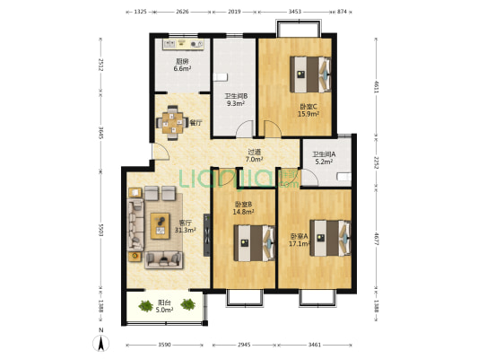 新华家园 3室1厅2卫 136平方
