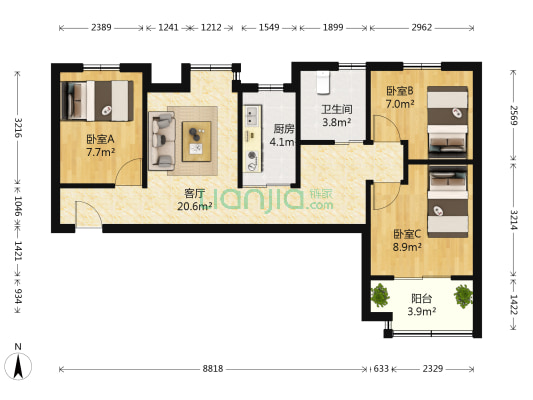 水月坊 3室1厅1卫 84平方
