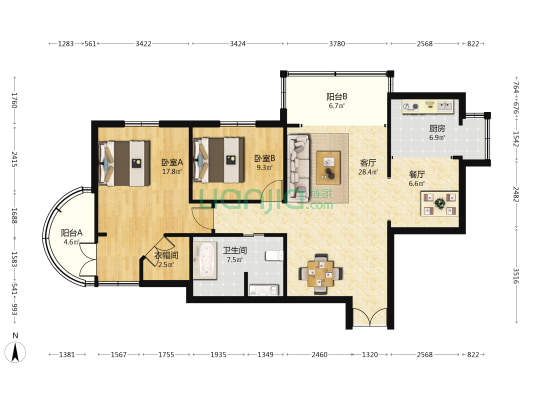 万都花园(普陀) 2室2厅1卫 111平方