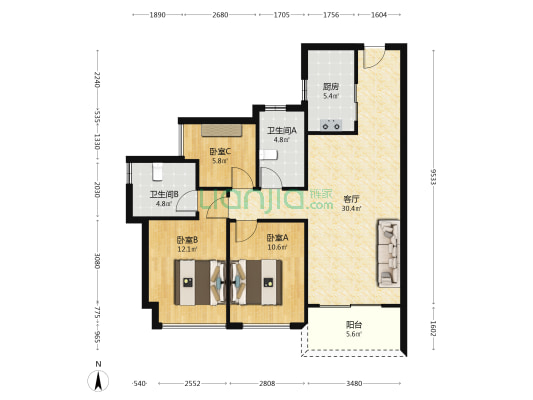 正寰天和 3室1厅2卫 102平方