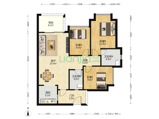 天仙湖棕榈长滩 3室1厅2卫 109平方