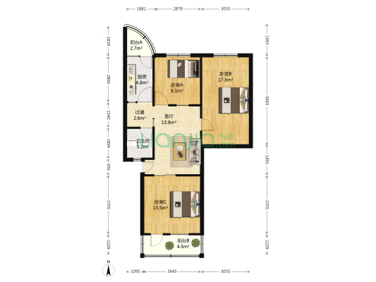 大纸坊街22号 3室1厅1卫 88平方