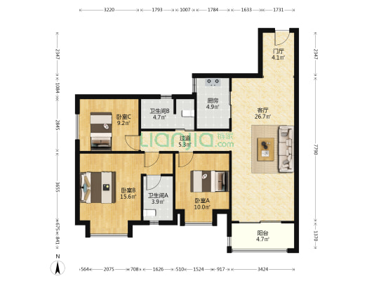 万科公园5号 3室1厅2卫 120平方