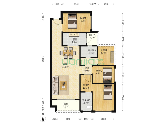 东江学府七期 4室1厅2卫 107平方