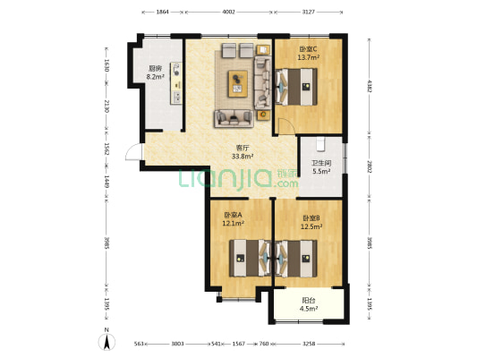九州方圆国际 3室1厅1卫 129平方