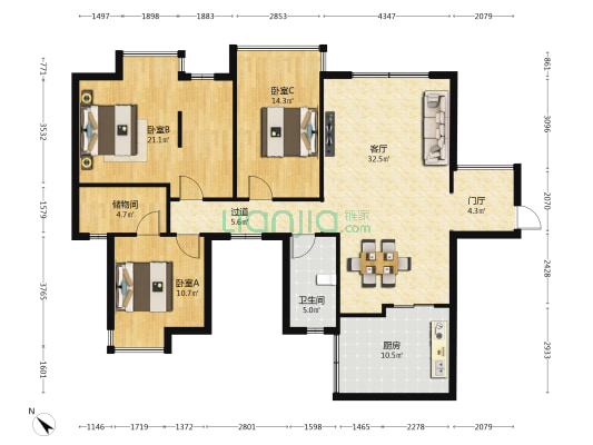 西城大院 3室1厅1卫 126平方