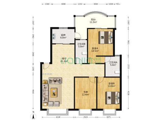 蕙园 3室1厅2卫 132平方