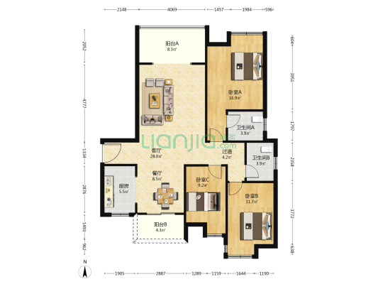 龙华滨江 3室2厅2卫 135平方
