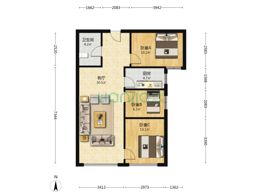 此房南向三居室，好位置，自住硬装-户型图