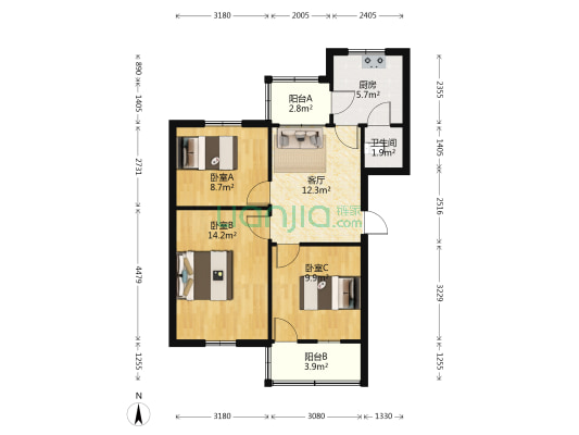 北大办事处宿舍 3室1厅1卫 78平方