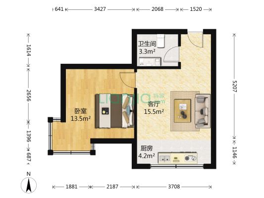 天天向上 1室1厅1卫 52平方