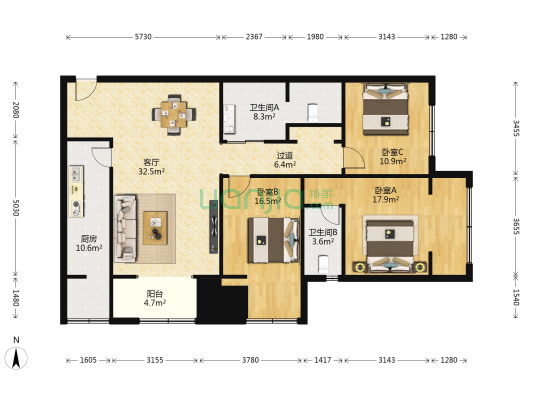 幸福阳光城  三室精装修 价格可谈看 房方便-户型图