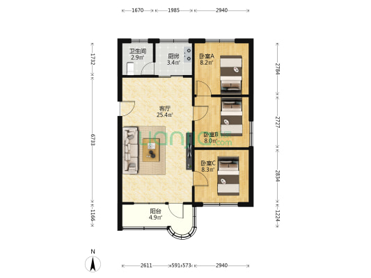 文船生活区新东区 3室1厅1卫 73平方