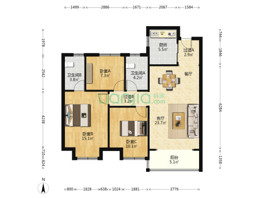 阳光城溪山悦 3室1厅2卫 109平方