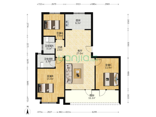 西发融信缦山兰庭一期 3室1厅2卫 117平方