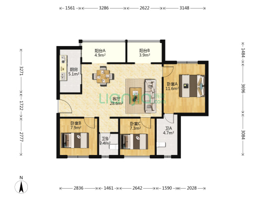 合能璞丽 3室1厅2卫 91平方