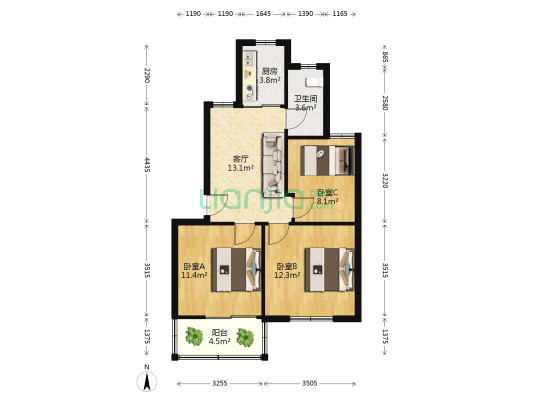 解放四村 3室1厅1卫 70平方
