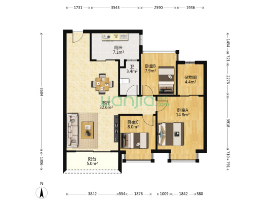众恒新城 3室1厅1卫 89平方