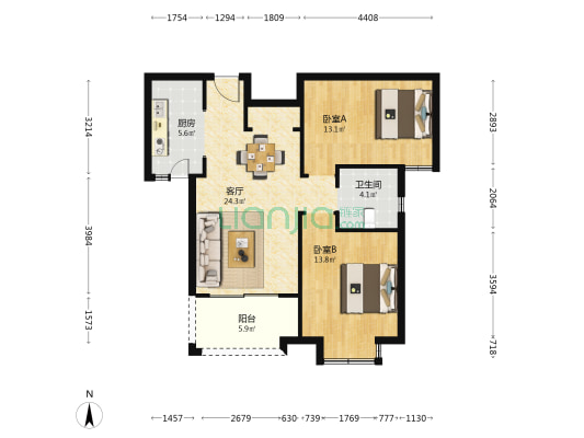 地纬东洲半岛 2室1厅1卫 95平方
