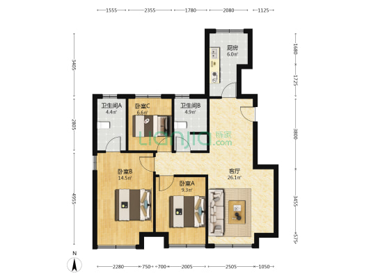 樾府国际 双卧朝南 人车分流 南北通透 明卫-户型图