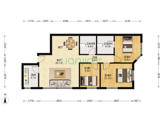 古北公寓 3室1厅2卫 100平方