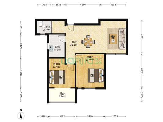 香榭美地北区 2室1厅1卫 88平方
