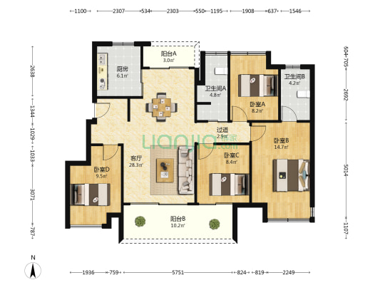 万科四季都会 4室1厅2卫 115平方