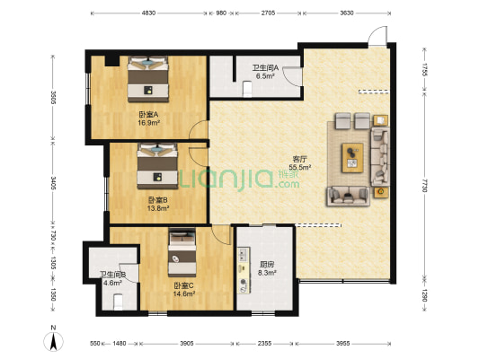 如意大厦 3室1厅2卫 200平方