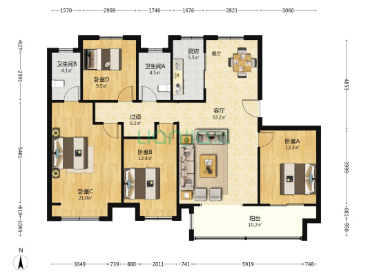 中梁壹号院 4室1厅2卫 142平方