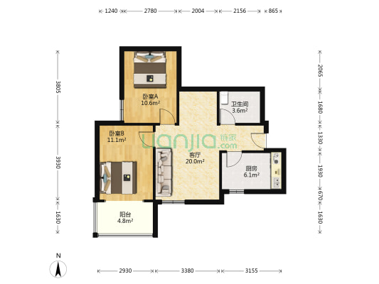 宜佳上东城 2室1厅1卫 77平方