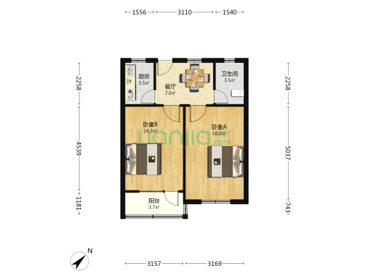 新中源大楼 2室1厅1卫 69平方