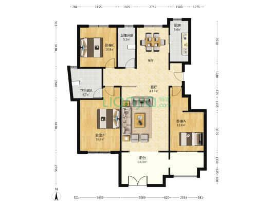 瑞城名座 3室1厅2卫 159平方