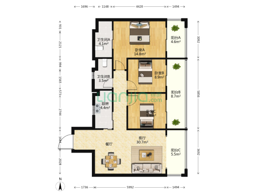 金茂广场 3室1厅2卫 123平方