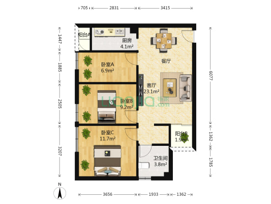云南映象城市公园广场 3室1厅1卫 86平方