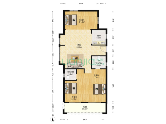 阳光城众安·顺源里 3室1厅2卫 120平方