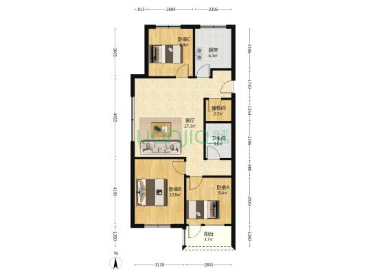 涿州城西 桃源新都孔雀城104平通透三居室带车位出售-户型图