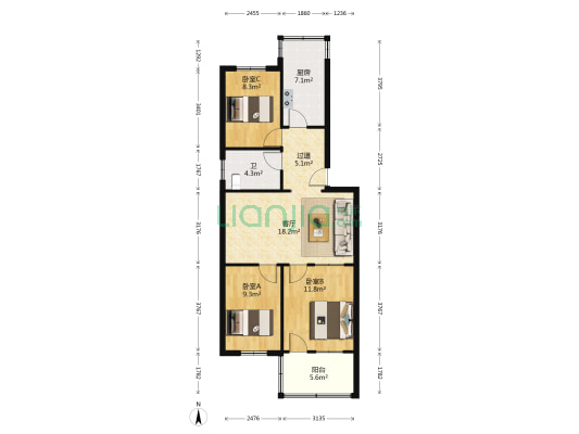 东湖路国土资源局宿舍 3室1厅1卫 81平方