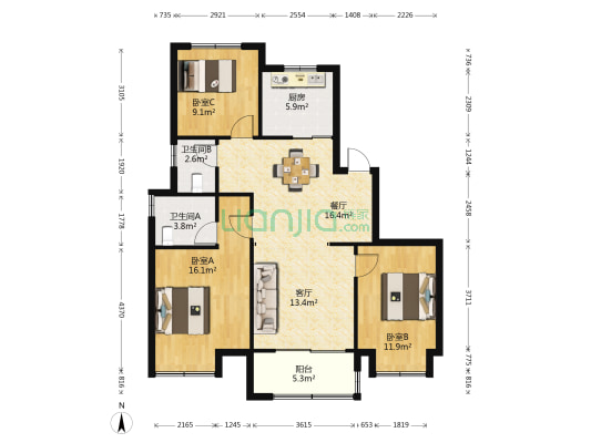 保利大国璟 3室2厅2卫 120平方