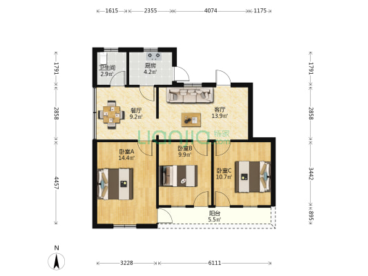 马鞍军休所 3室2厅1卫 97平方