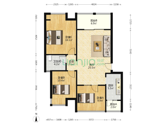 书院府邸 3室1厅1卫 89平方