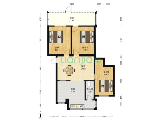 区供销社宿舍 3室1厅1卫 89平方
