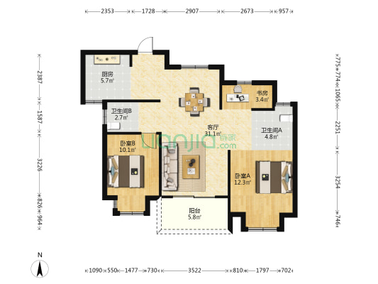 朔园 3室1厅2卫 100平方