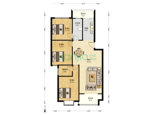 东城花园 3室1厅1卫 117平方