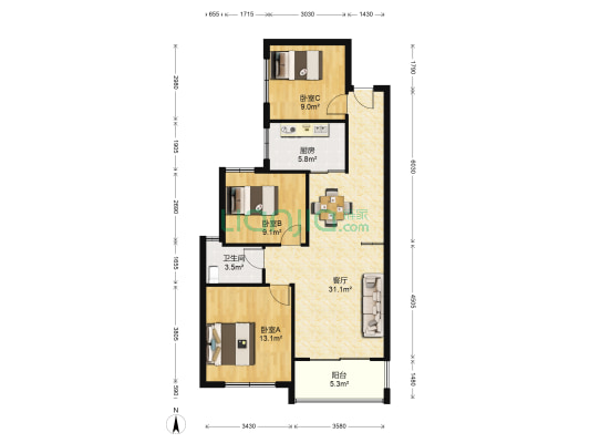 盛鑫 ·南湖學府 3室1厅1卫 93平方
