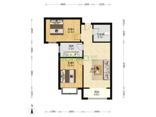 全阳两居，户型方正，中间楼层，花园小区，精装未住-户型图