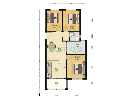 和谐佳苑三区 3室2厅1卫 108平方
