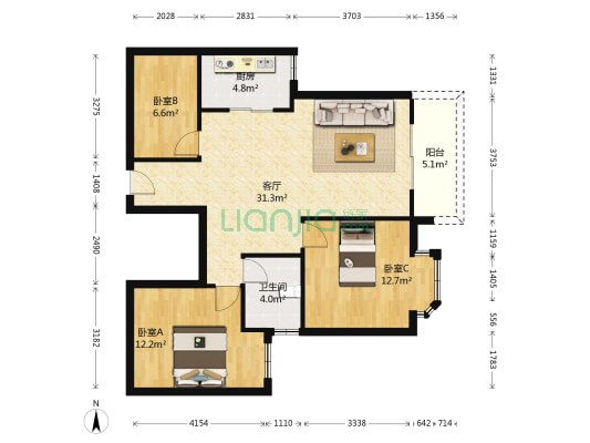 世纪绿洲 3室1厅1卫 91平方